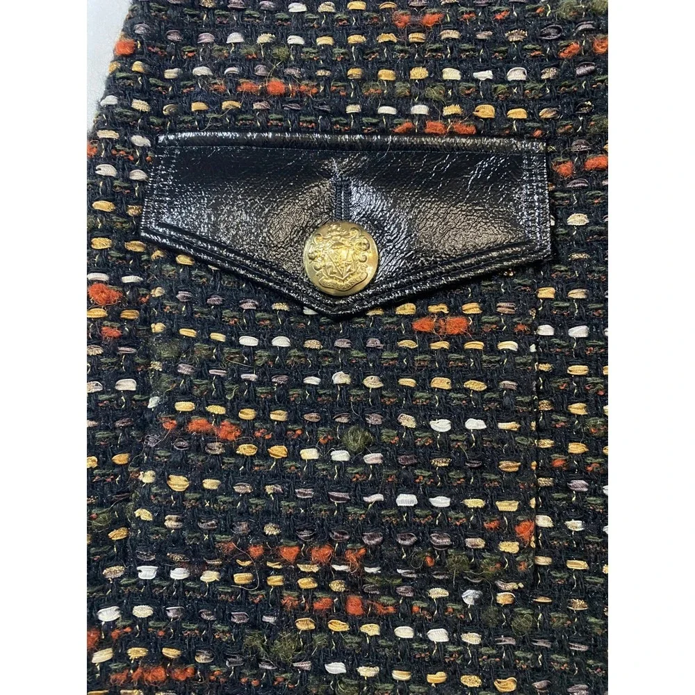 Veronica Beard Lucy Tweed Mini Skirt Black Multi‎ Metallic Gold Crest Buttons 0